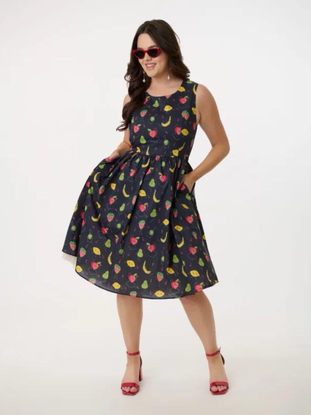 Navy Fruit-Print Sleeveless Midi Dress